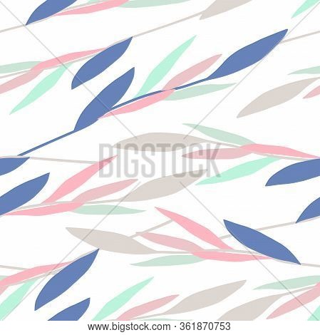 Seamless Floral Vector Pattern. Hand-drawn Colored Pastel Branches With Leaves Isolated On White Bac