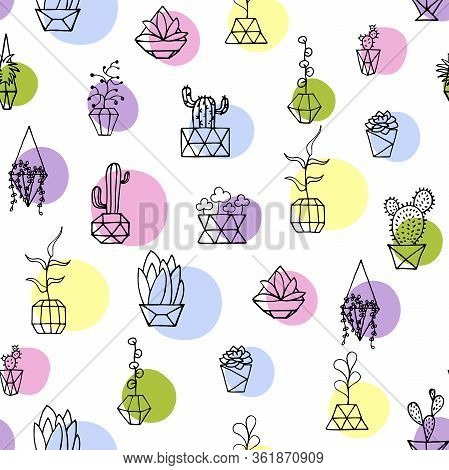 Seamless Vector Pattern Doodle Plants With Colorful Circles. Hand Drawn Leaves, Succulents And Cactu