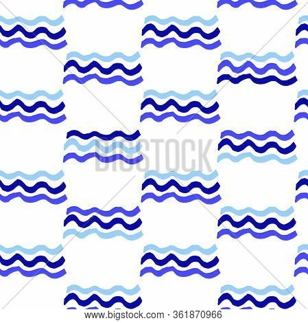 Seamless Vector Marine Pattern. Blue Brush Strokes Of Paint Waves Isolated On A White Background. Sp