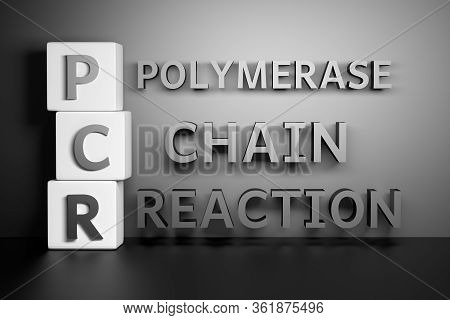 Concept Illustration With Cubes And Pcr Large Words On Black Backgound. Polymerase Chain Reaction Ab