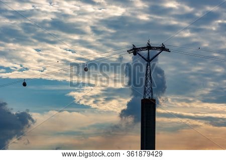 Night Shot Silhouette Image Of Singapore Cable Car In Sentosa, Singapore, March 30, 2020