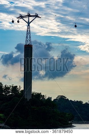 Night Shot Silhouette Image Of Singapore Cable Car In Sentosa, Singapore, March 30, 2020