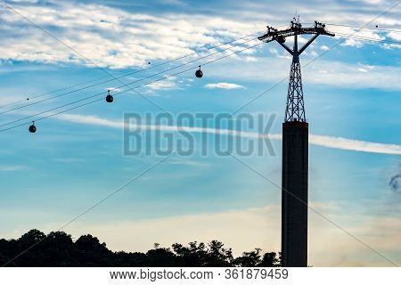 Night Shot Silhouette Image Of Singapore Cable Car In Sentosa, Singapore, March 30, 2020