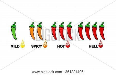 Specy Level Of Red Hot Pepper Or Chili Pattern. Healthy Food Concept. Vector On Isolated White Backg