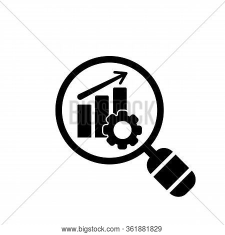 Magnifying Glass Or Magnifier With Performance Icon, Chart, Progress, Up Arrow And Gear In Black Sim