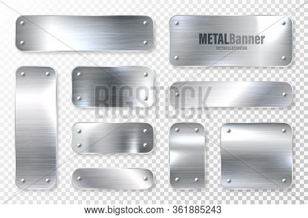 Realistic Shiny Metal Banners Set. Brushed Steel Plate. Polished Silver Metal Surface. Vector Illust