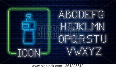 Glowing Neon Dishwashing Liquid Bottle Icon Isolated On Brick Wall Background. Liquid Detergent For 