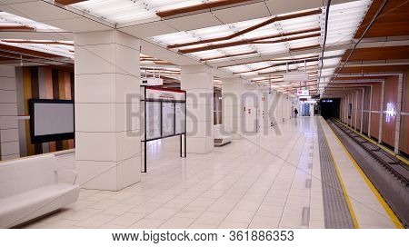Warsaw, Poland. 18 April 2020. Warsaw Metro Station Interior Warsaw Plocka. View Of Empty Metro Stat