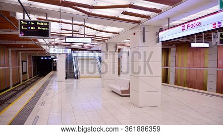Warsaw, Poland. 18 April 2020. Warsaw Metro Station Interior Warsaw Plocka. View Of Empty Metro Stat
