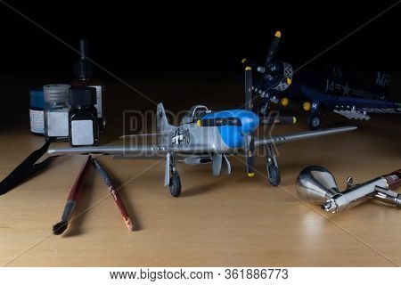Aircraft And Scale Figures Hobby Modeling Kit Representation With Tools. P-51 Model, Brushes, Paint 
