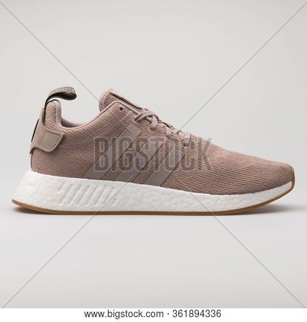 Vienna, Austria - August 29, 2017: Adidas Nmd R2 Vapor Grey Sneaker On White Background.