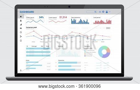 Realistic Dark Laptop Mock Up With Analytics Dashboards. Charts And Graph. Business, Financial And D