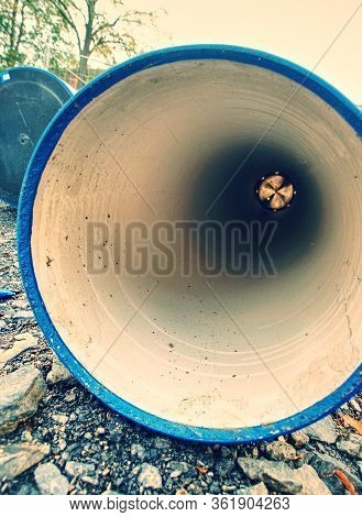 Looking Inside Of The Large Diameter Hdpe Pipe For Potable Water Supply. Repairing Of Water Delivery