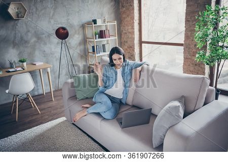 Stay Home Concept. Photo Of Pretty Lady Home Alone Quarantine Time Watch Notebook Waving Arm Skype V