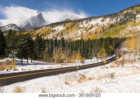 12,713 Foot Hallet Peak And 12,324 Foot Flat Top Mountain After An Early Fall Snow Storm.  A Scenic 