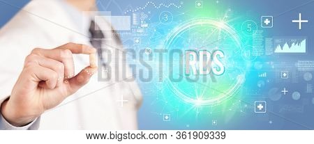 Close-up of a doctor giving you a pill with RDS abbreviation, virology concept