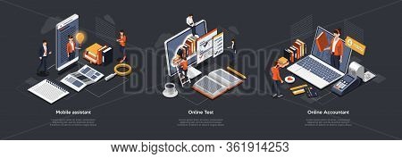 Isometric 3d Online Test, Accountant And Mobile Assistant. Customer Online Support, Testing And Educ