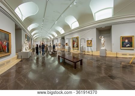 Madrid, Spain - December 13, 2018: Visitors Inside The Prado Museum A Major Cultural Landmark In Mad