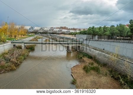 Madrid, Spain - December 13, 2018: The Arganzuela Bridge Over Manzanares River Downtown Madrid, Spai