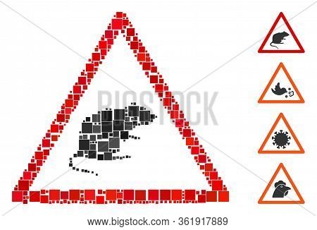 Mosaic Rat Warning Icon United From Square Elements In Variable Sizes And Color Hues. Vector Square 