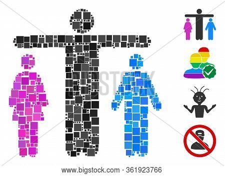 Mosaic Bisexual Person Icon Constructed From Square Elements In Random Sizes And Color Hues. Vector 