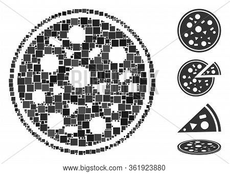 Collage Entire Pizza Icon United From Square Items In Variable Sizes And Color Hues. Vector Square I