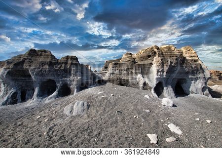 Beautiful Black Sand Formation Landscape Of La Rofera, Lanzarote. Canary Islands. Spain