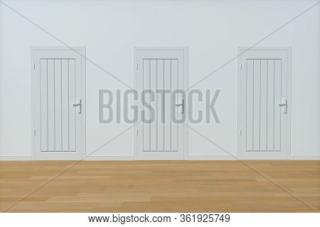 Wooden Door With White Wall Background, 3D Rendering.