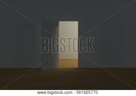 Wooden Door With White Night Scene, 3D Rendering.