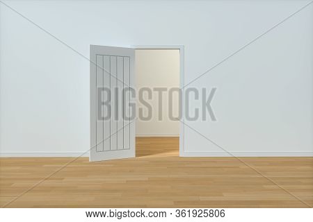 Wooden Door With White Wall Background, 3D Rendering.