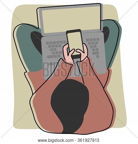 Work From Home. Someone Put A Laptop Computer On His Lap. People Calling Colleague Via Phone During 