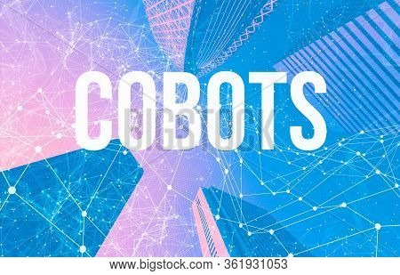 Cobots Theme With Abstract Network Patterns And Skyscrapers