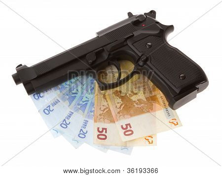 Semi-automatic Gun And Money Isolated