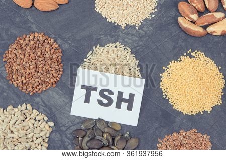 Inscription Tsh With Fruits, Vegetables And Other Healthy Natural Ingredients As Beneficial Eating F