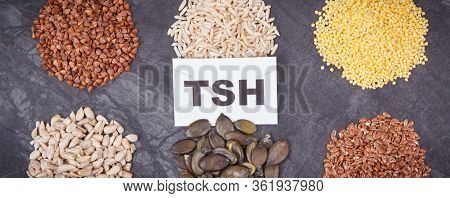 Inscription Tsh With Nutritious Products And Ingredients As Source Vitamins And Minerals For Healthy