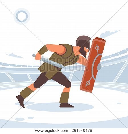 Spartan Warriors Fight In The Arena Of Gladiators. Gladiator With Shield And Sword. Vector Isolated 