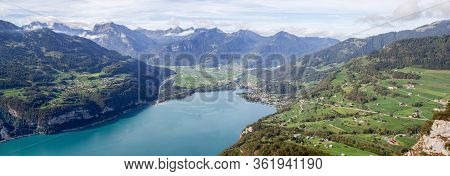 Walen Lake Panorama Aerial View At Amden Village, Switzerland