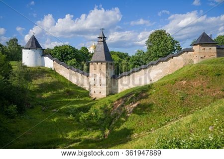 Towers And Walls Of The Holy Assumption Pskovo-pechersky Monastery On A Sunny June Day. Pechory, Rus