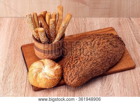 Сrisp Bread With Buns. French Baguettes. Fresh Crispbread. Bread Background. Different Breed  On Woo