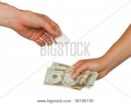 Dealer (man) Selling Cocaine Drugs Bag To A Paying Woman