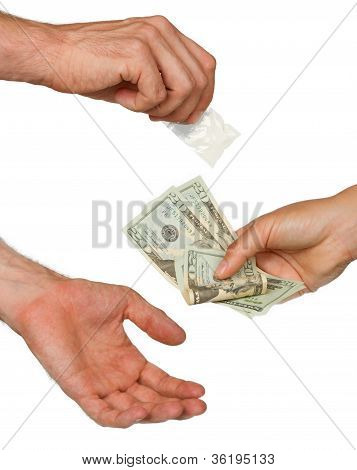 Dealer (man) Selling Cocaine Drugs Bag To A Paying Woman
