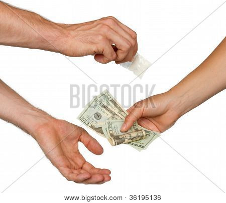 Dealer (man) Selling Cocaine Drugs Bag To A Paying Woman