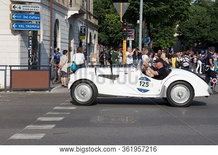 Brescia, Italy - May 19 2018: Bmw 328 1938 Is An Old Racing Car In Rally Mille Miglia 2018, Live Sho