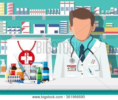 Modern Interior Of Pharmacy And Male Pharmacist. Medicine Pills Capsules Bottles Vitamins And Tablet