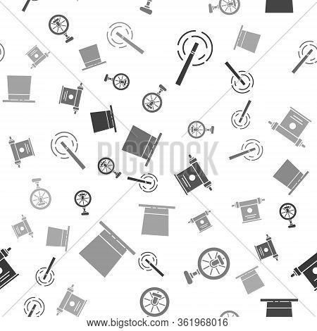 Set Magic Wand, Unicycle Or One Wheel Bicycle, Magic Scroll And Magician Hat On Seamless Pattern. Ve