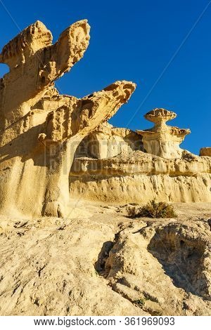 The Enchanted City Of Bolnuevo, Eroded Yellow Sandstone Formations, Murcia Spain. Tourist Attraction