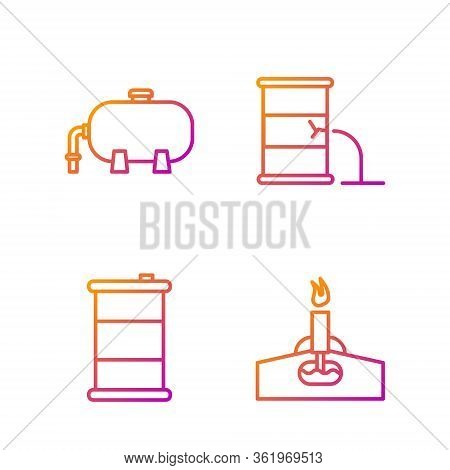 Set Line Oil Rig With Fire, Barrel Oil, Oil Industrial Factory Building And Barrel Oil Leak. Gradien