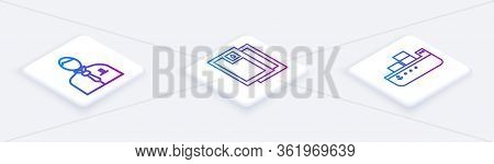 Set Isometric Line Businessman Or Stock Market Trader, Barrel Oil And Oil Tanker Ship. White Square 