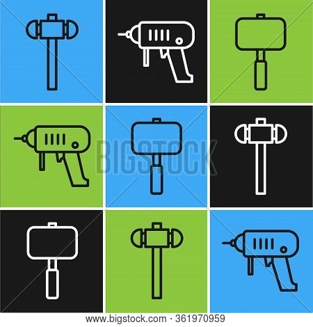 Set Line Sledgehammer, Sledgehammer And Electric Drill Machine Icon. Vector