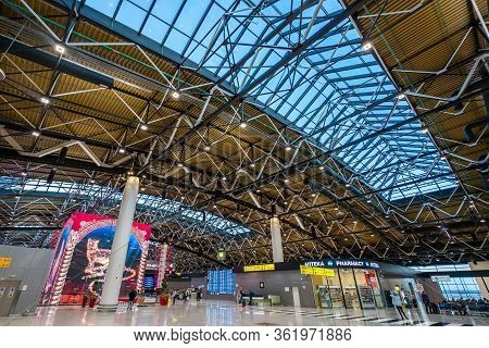 Moscow, Russia - 2020: Interior Of Sheremetyevo International Airport, Terminal C. Spacious Hall, Hi